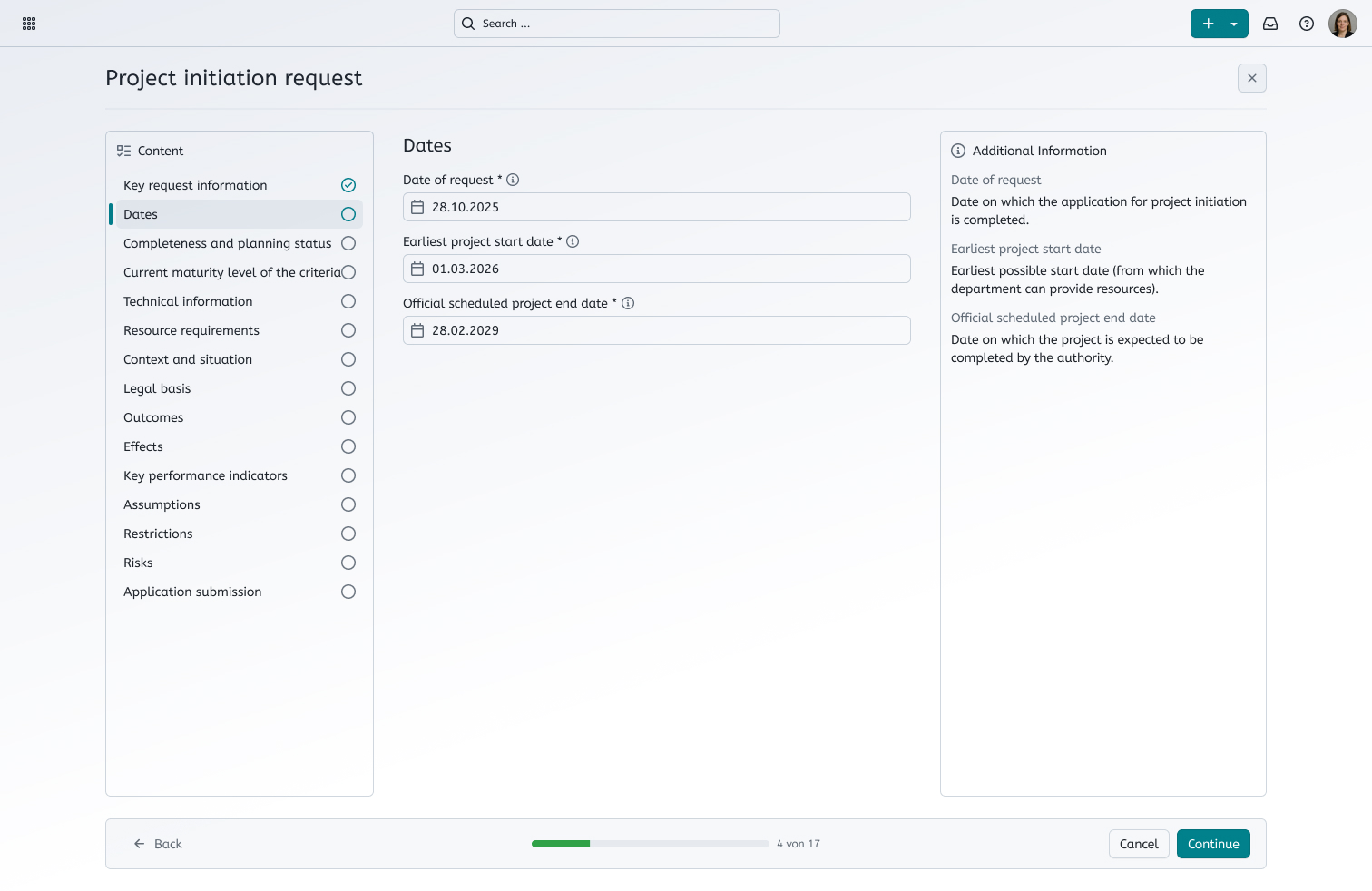 Mockup mit der Oberfläche zum Ausfüllen verschiedener Anforderungen für den Projektinitiierungsantrag, wie z. B. Termine, technische Informationen oder Rechtsgrundlagen