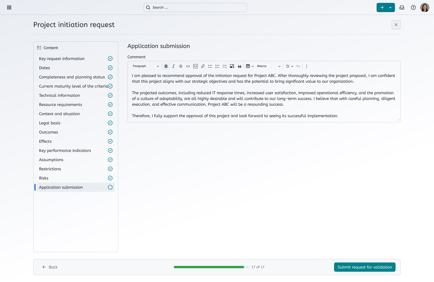 Mockup mit der Oberfläche zum Einreichen eines Projektinitiierungsantrags in OpenProject
