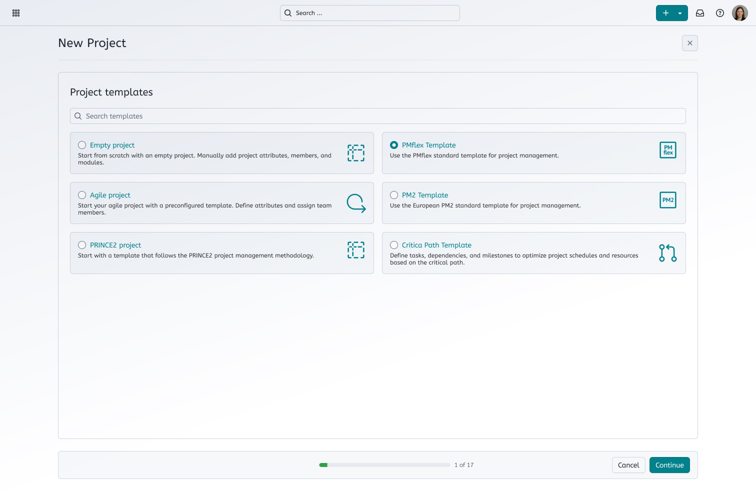 Mockup, das die Benutzeroberfläche zur Auswahl verschiedener Vorlagen für den Start des Projektinitiierungsantrags in OpenProject zeigt