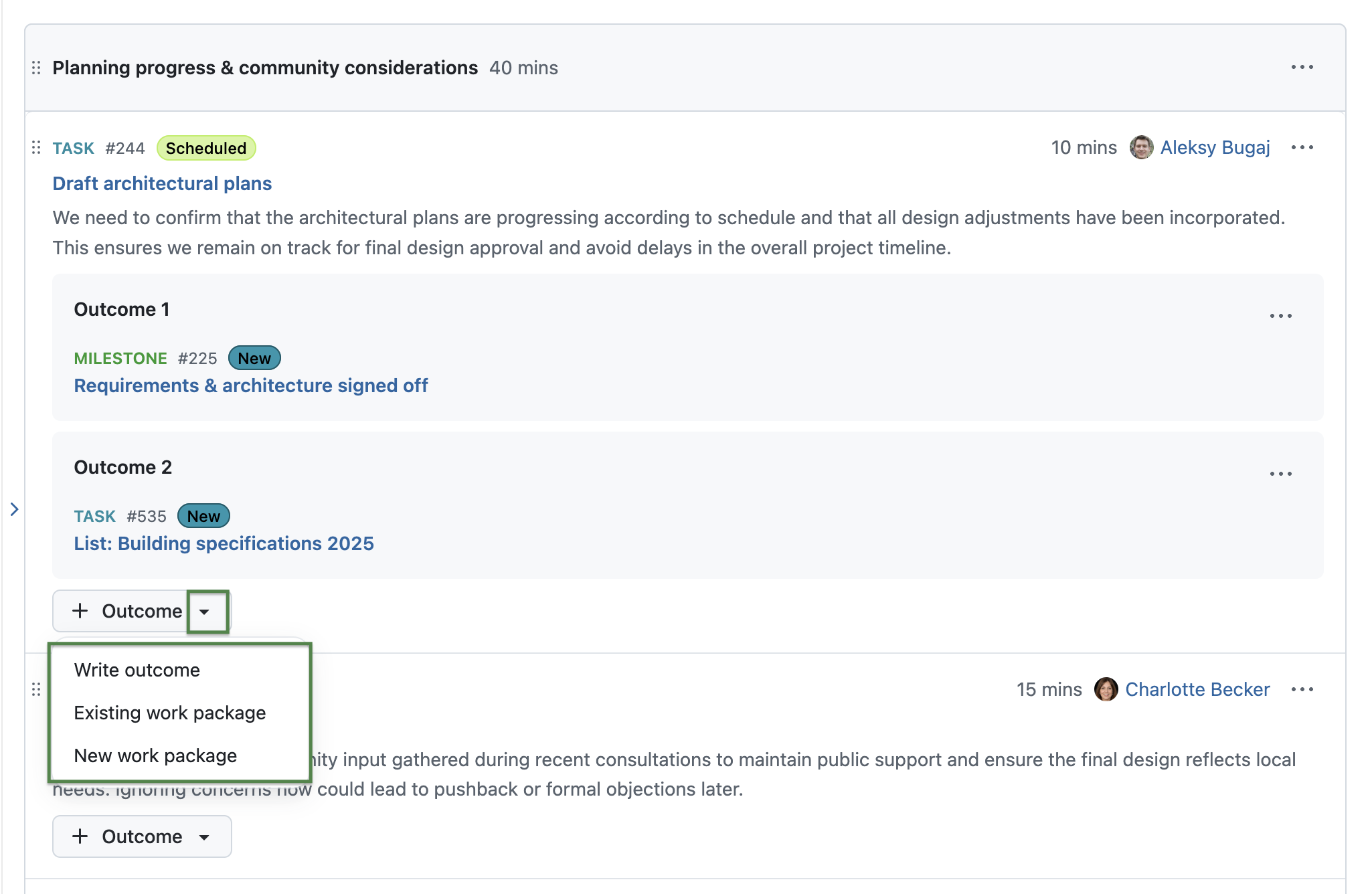 OpenProject-Besprechung mit Dropdown-Optionen für die Schaltfläche „Ergebnis“: Ergebnis ergänzen, Vorhandenes Arbeitspaket, Neues Arbeitspaket