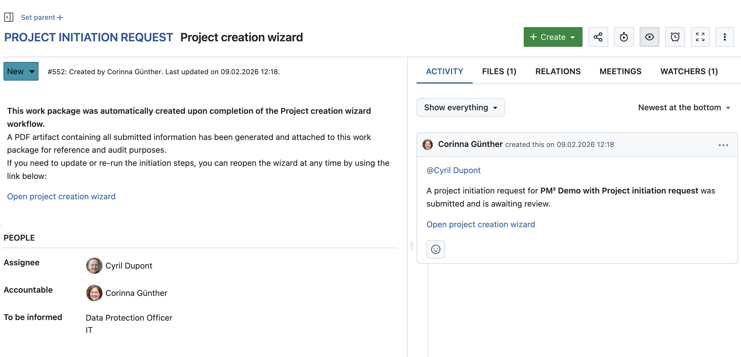 OpenProject Arbeitspaket vom Typ “Projektinitiierungsantrag” mit einer Beschreibung, die einen Link zum Artefakt, zum Beauftragten und zum Verantwortlichen sowie einen automatisch vom System generierten Kommentar enthält