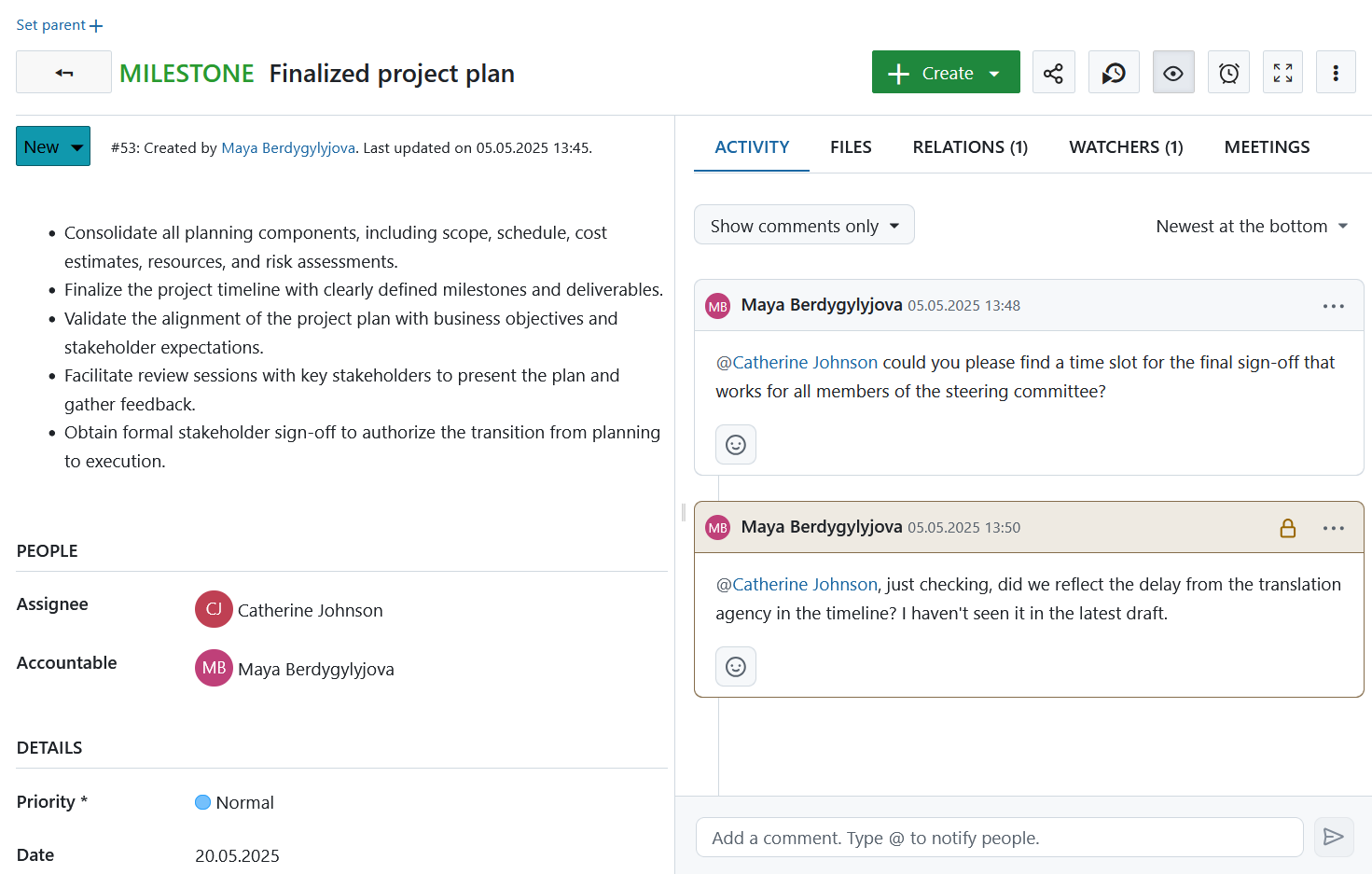 Interne Kommentare in einem OpenProject Arbeitspaket Aktivitäten-Tab