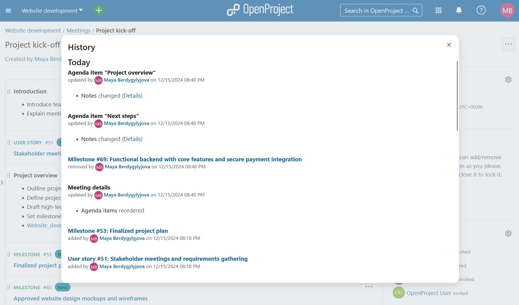 Verfolgen Sie Änderungen an Besprechungsagenden, Notizen und Teilnehmenden in OpenProject.