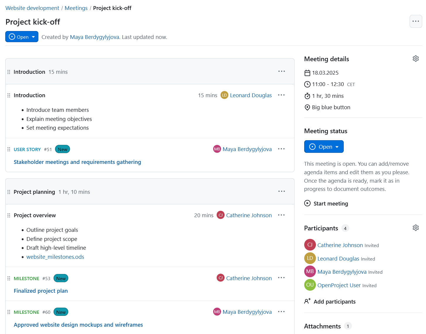Arbeitspakete, die direkt mit der Meeting-Agenda in OpenProject verknüpft sind