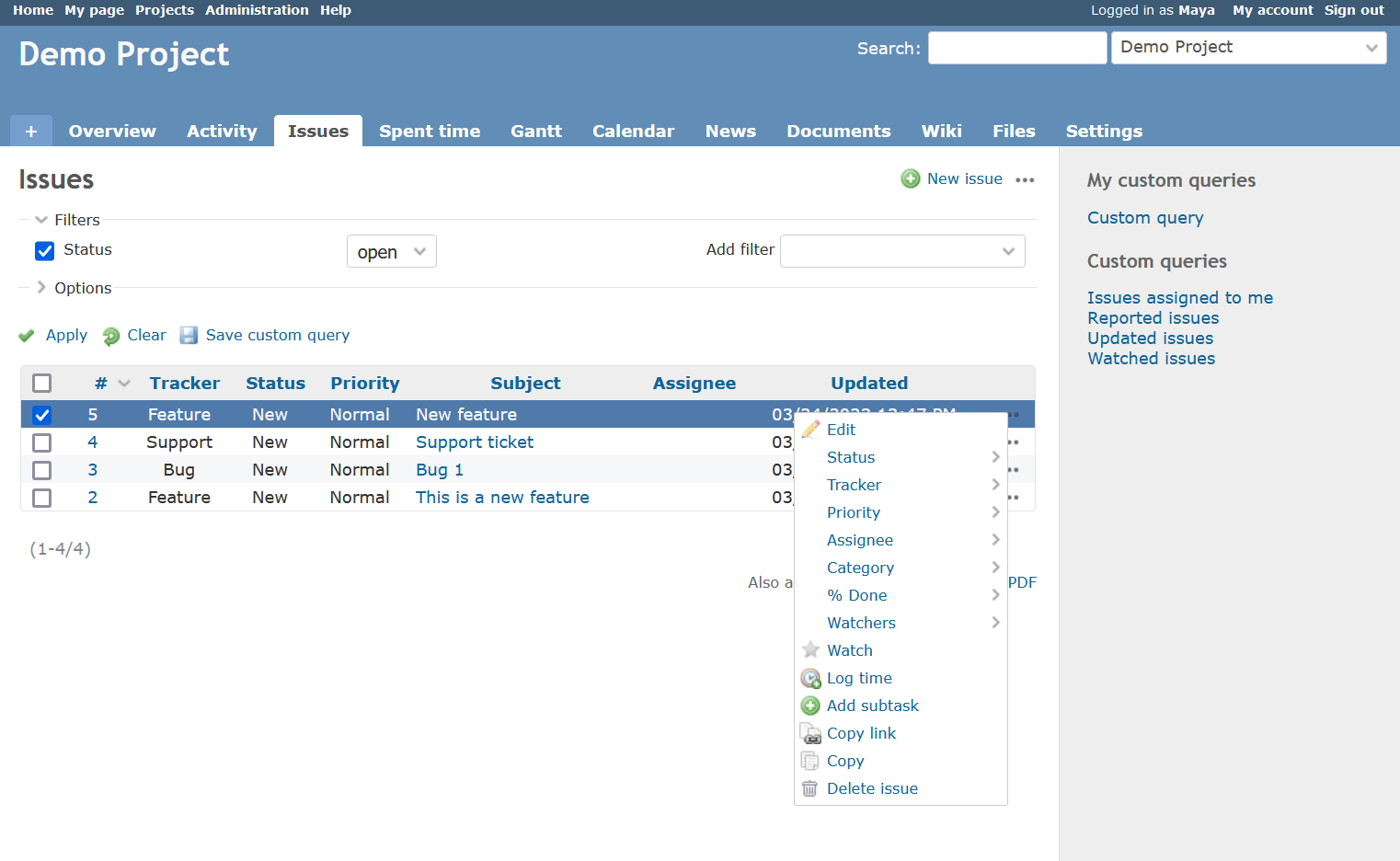 Redmine issue list